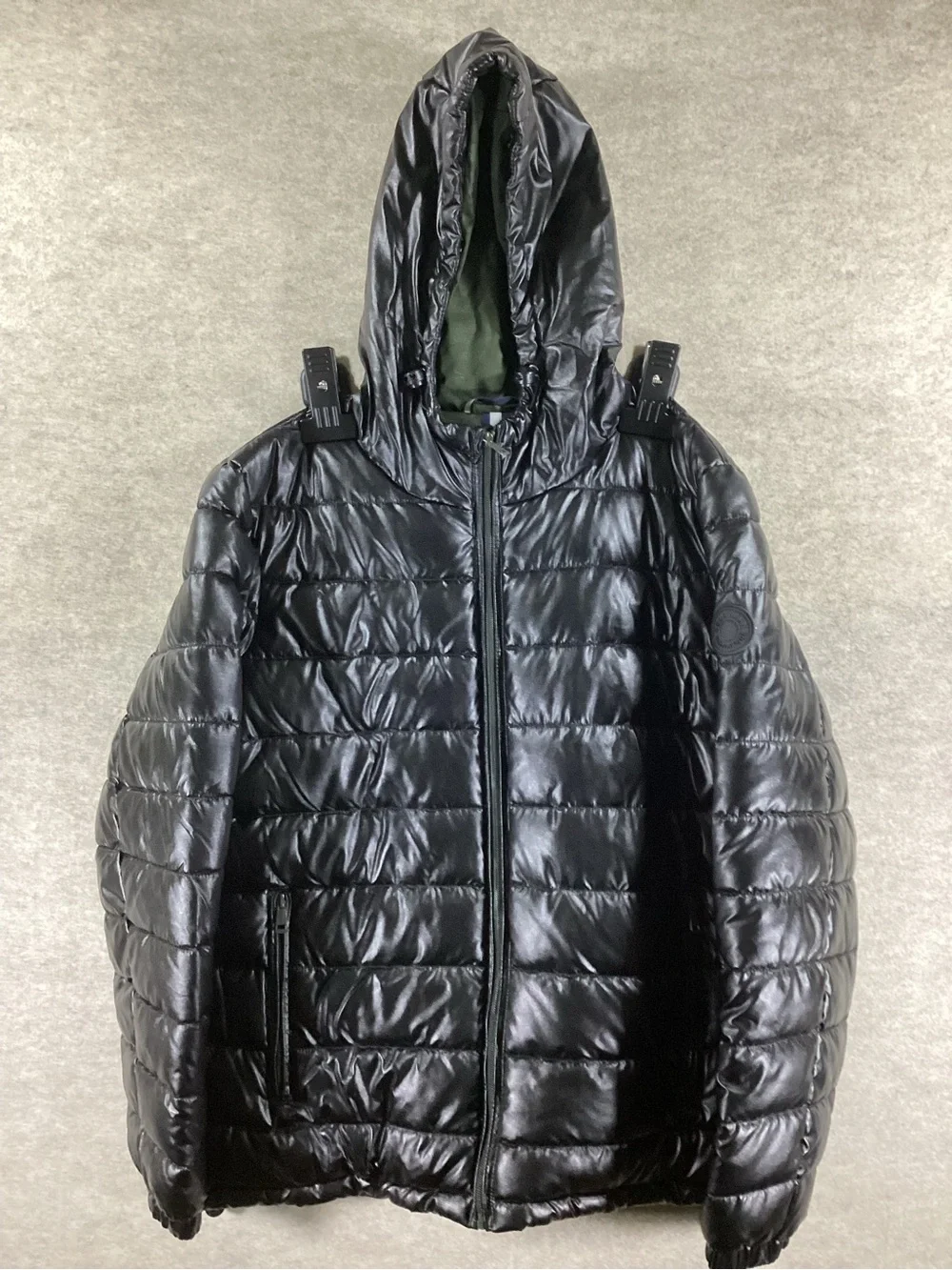 Cole Haan Black Quilted Faux Leather Hooded Puffer Jacket